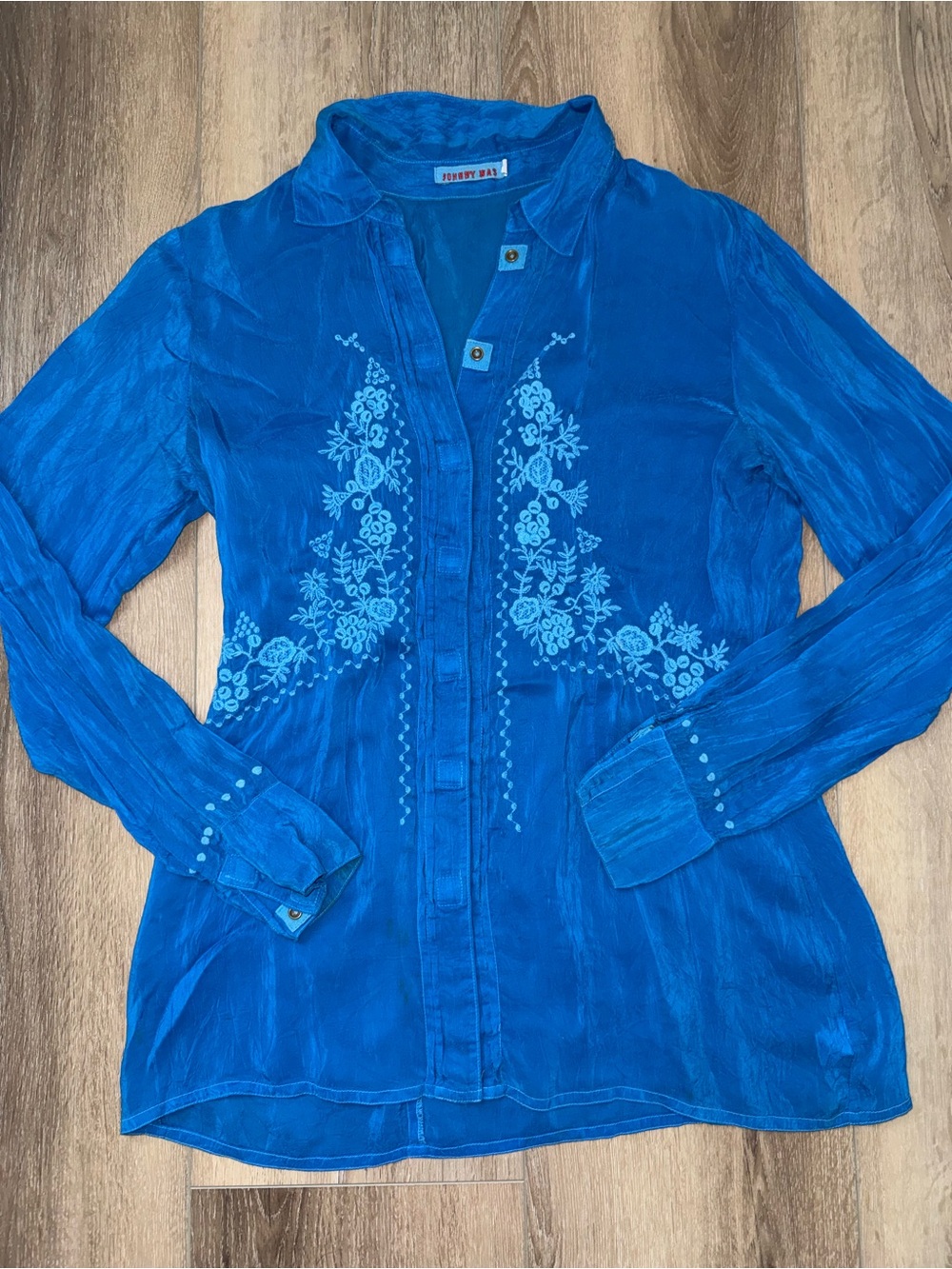 Johnny Was Royal Blue Embroidered Snap Button-Down Top Shirt Blouse Medium M